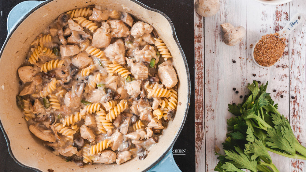 chicken casserole ingredients in pan