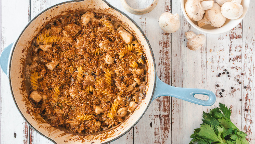 chicken casserole topped with bread crumbs