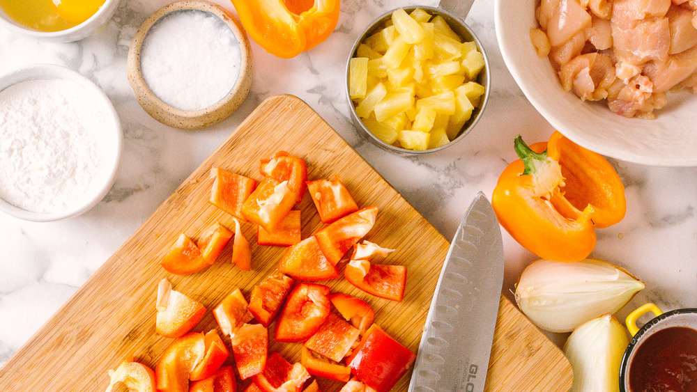 diced peppers on cutting board