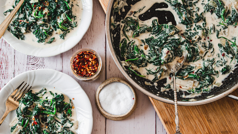 creamed spinach in pan