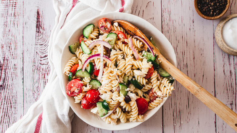 bowl of Mediterranean pasta salad