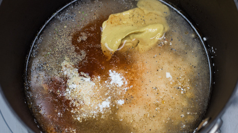 Ingredients for a copycat version of Subway's teriyaki sauce in a saucepan