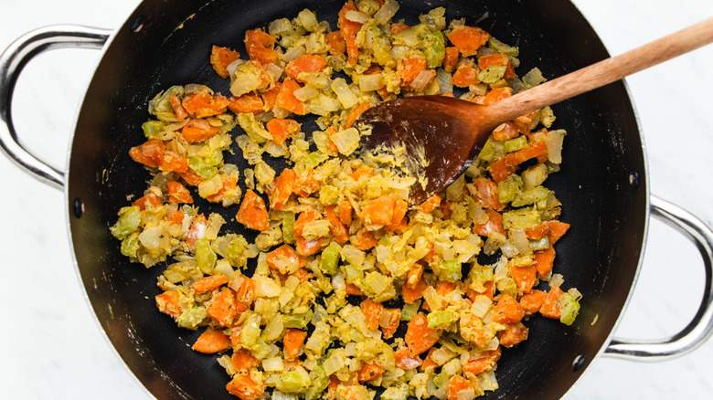 diced vegetables coated in mustard