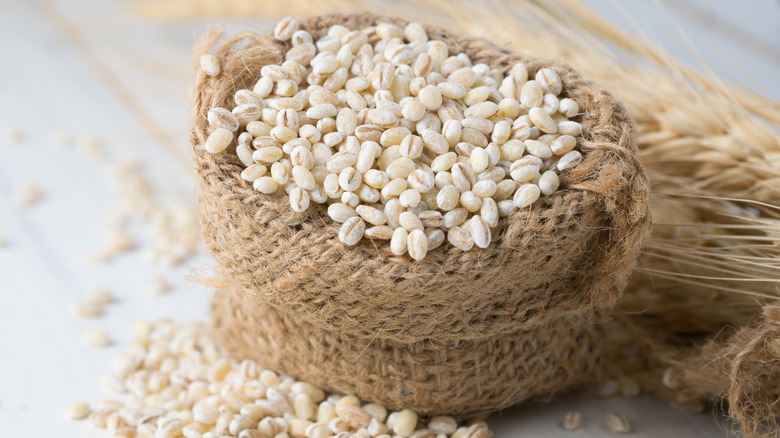 Pearl barley in a burlap container