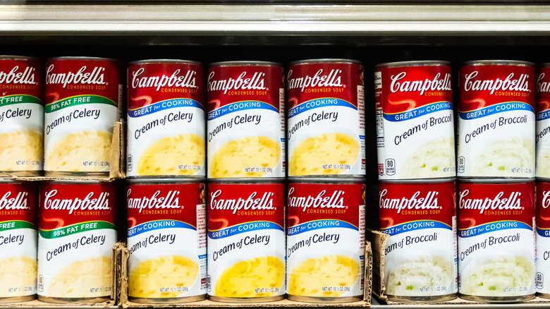 Cans of soup on a shelf