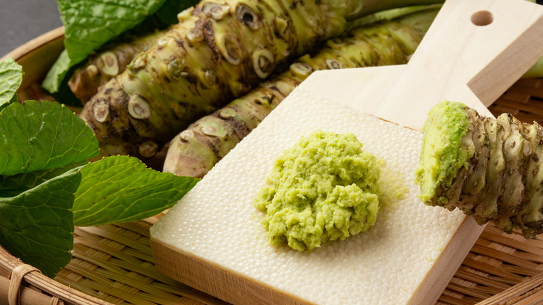 A scoop of wasabi on a cutting board