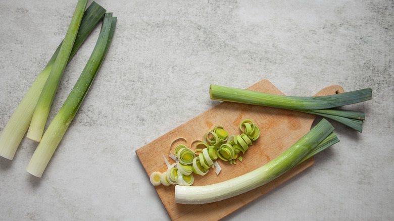 Leeks sliced on a table