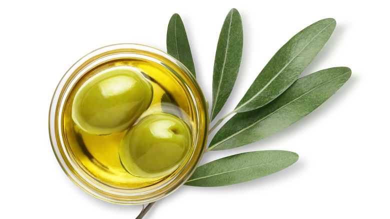 Olives in oil against a white background and olive branch