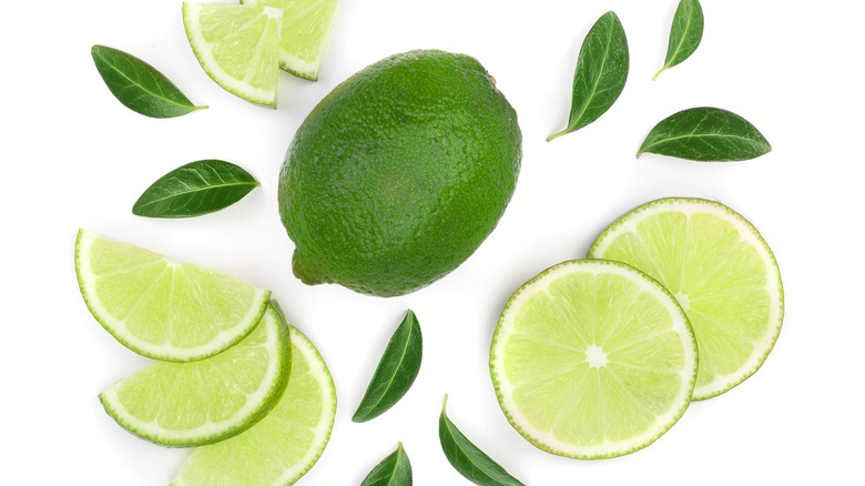 A whole lime surrounded by lime slices on white background