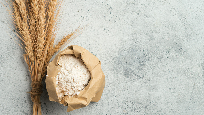 A bag of all-purpose flour next to wheat stalks