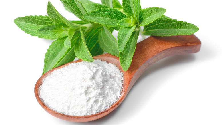 Spoonful of stevia and stevia plant leaves