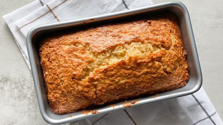 Loaf of banana bread in a pan