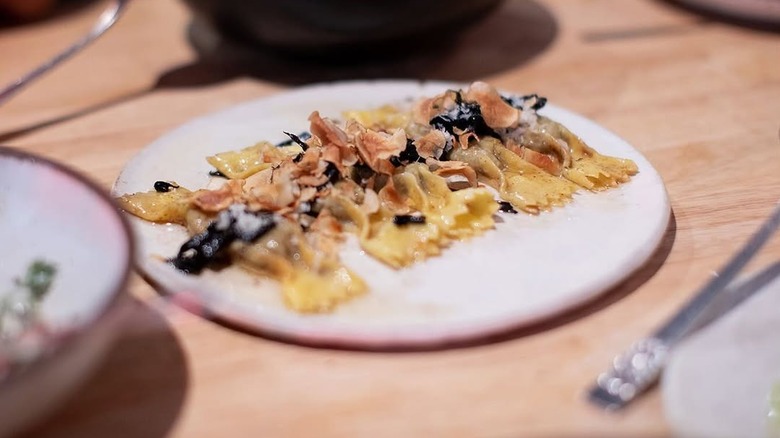 Boia De's Sunchoke caramelle with black trumpet mushrooms