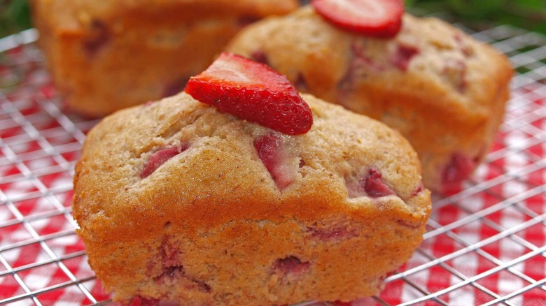 Sliced open strawberry muffin