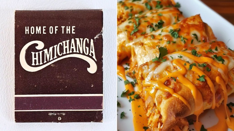 A Chi-Chi's matchbox and plate of chimichangas