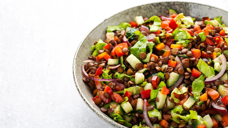bowl of lentil, cucumber and tomato salad