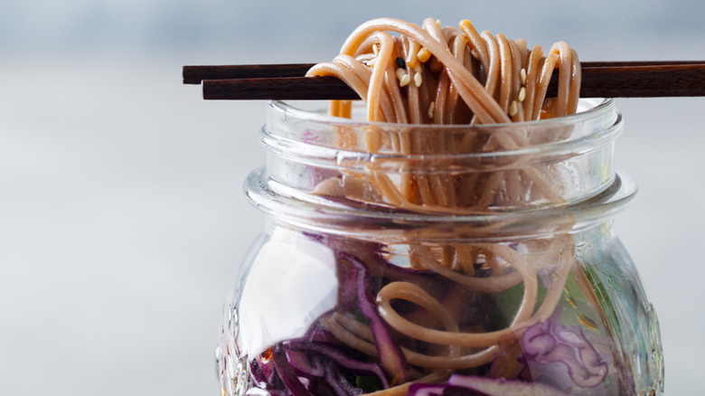 filled soba noodle salad jar