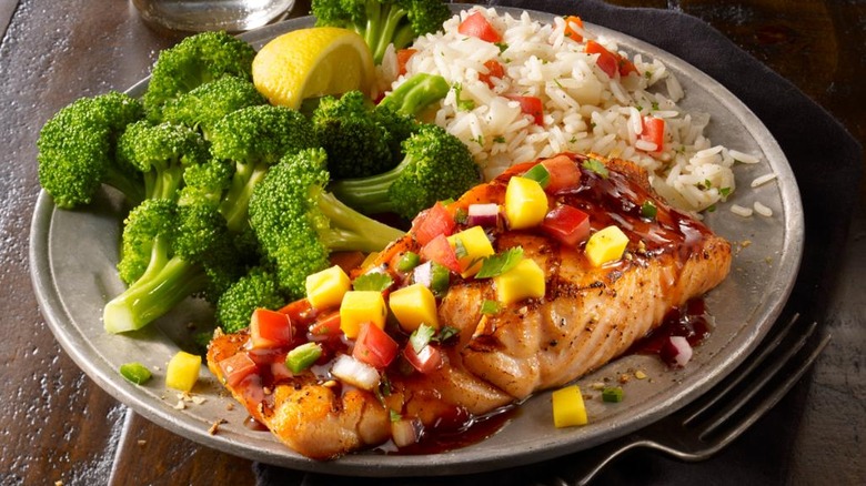 Salmon with broccoli and rice