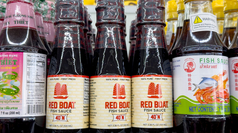 Fish sauce varieties on shelf