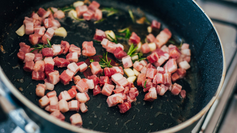 Pancetta cooking in pan