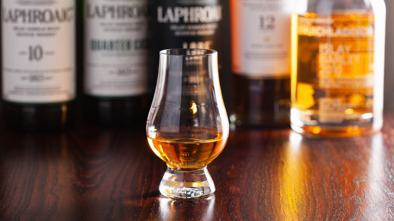 Whiskey and Laphroaig bottles