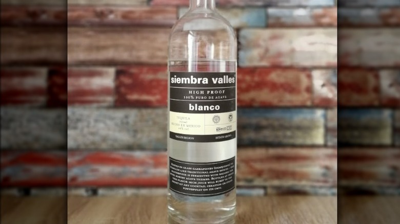 Blanco tequila bottle against brick wall