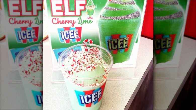 Elf Cherry Lime ICEE with candy cane crumbles on top