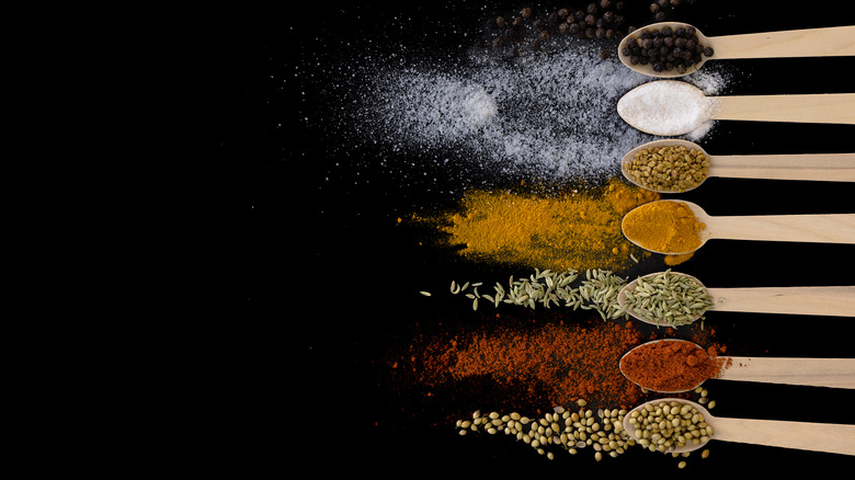 Spices on wooden spoons