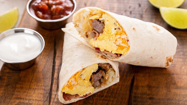 breakfast burrito cut in half