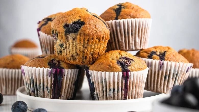 plate of banana blueberry muffins