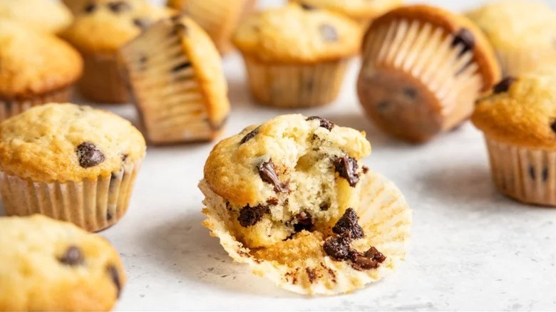 chocolate chip mini muffins with bite taken