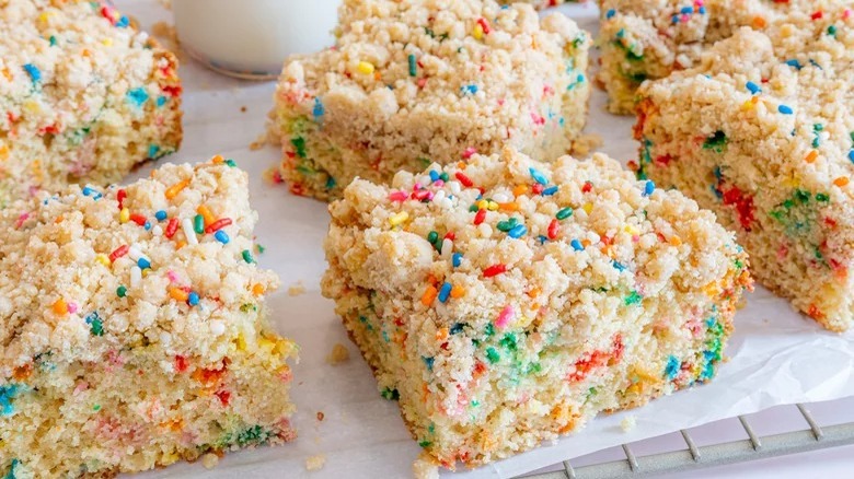 squares of classic funfetti coffee cake