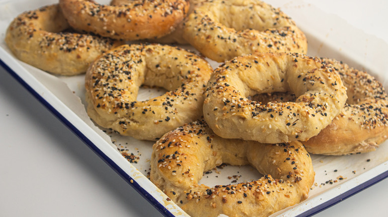 homemade bagels on tray