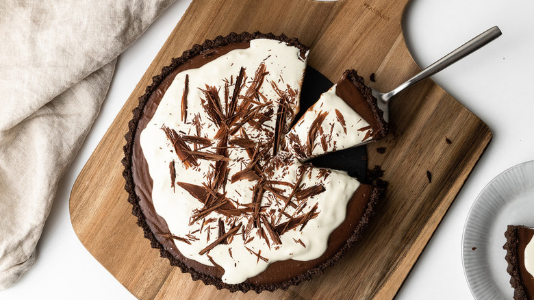 chocolate pie on wooden board