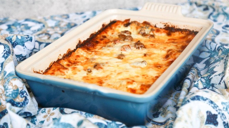 lasagna in white pan