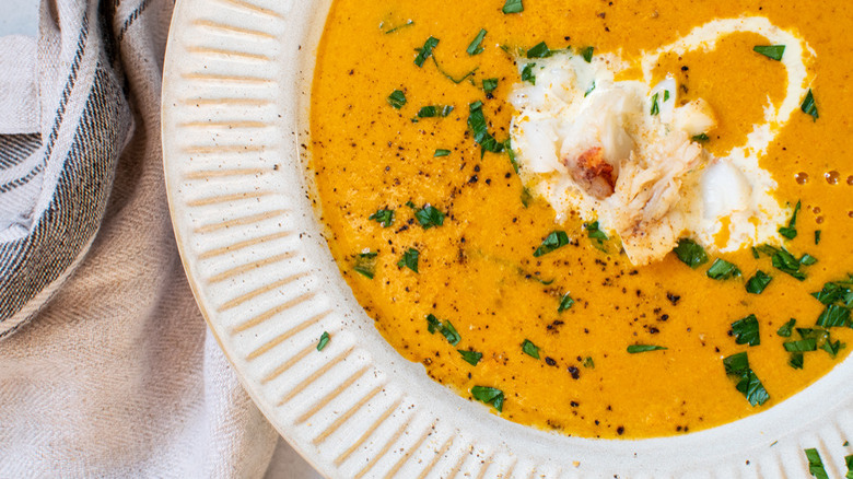 orange-colored soup in white bowl