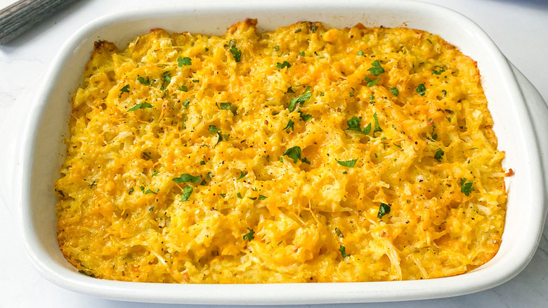 hashbrown casserole in white pan