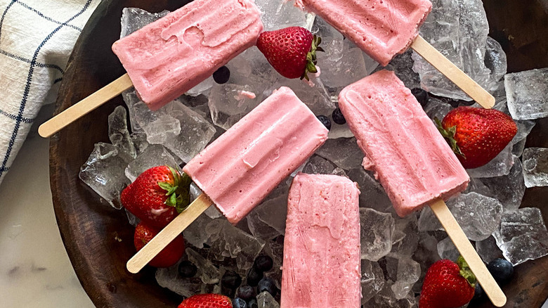 popsicles, ice, and strawberries