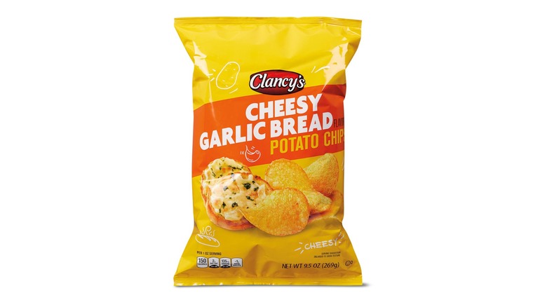 yellow bag of Clancy's Cheesy Garlic Bread Potato Chips available at Aldi