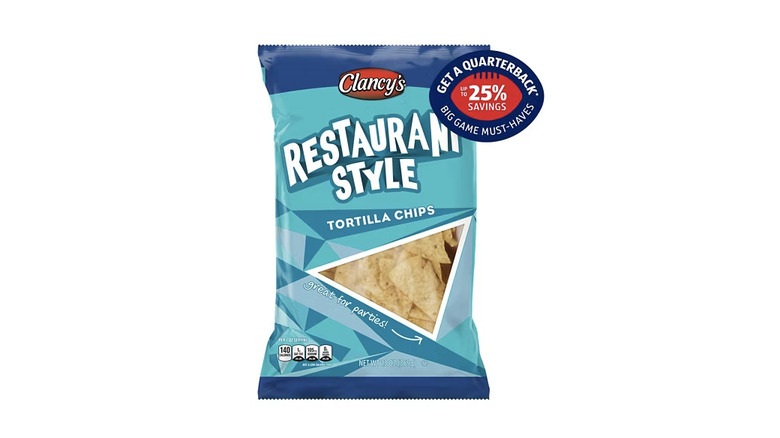 blue bag of Clancy's Restaurant Style Tortilla Chips available at Aldi