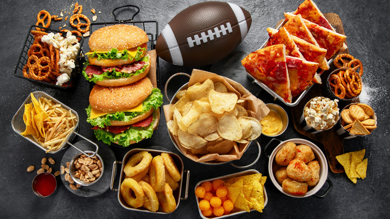 Super Bowl party foods on gray background