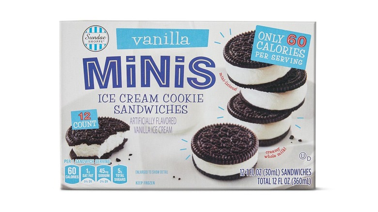 Sundae Shoppe Mini Ice Cream Cookie Sandwiches Vanilla flavor available at Aldi