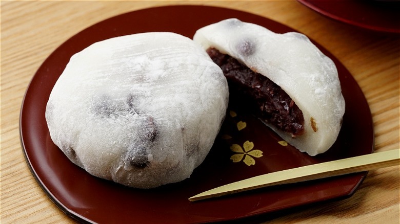 Red bean mochi on plate