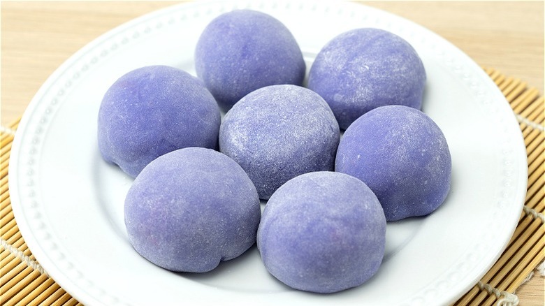 Plate of purple taro-flavored mochis