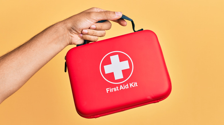 Hand holding travel first aid kit