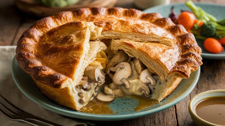 A mushroom pie on a plate