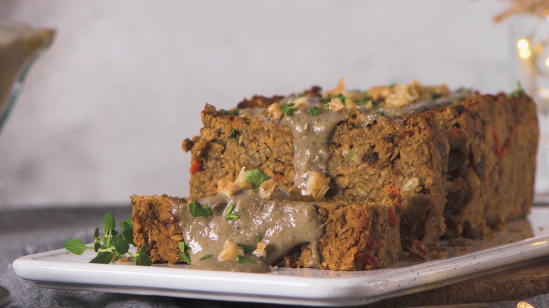 Lentil meatless meatloaf on a plate