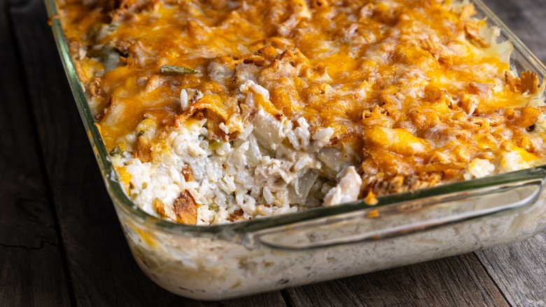 A creamy casserole in an oven dish