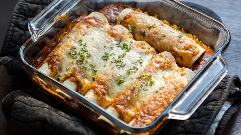 A dish of enchiladas ready to serve