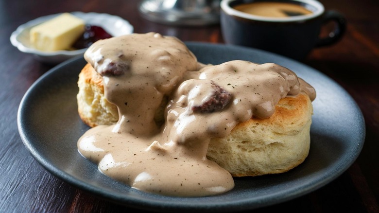 Biscuits and gravy on a plate